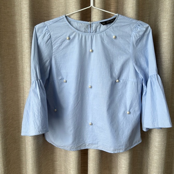 Zara Pearl Embellished Blouse Bell Sleeve Women's - Picture 4 of 8